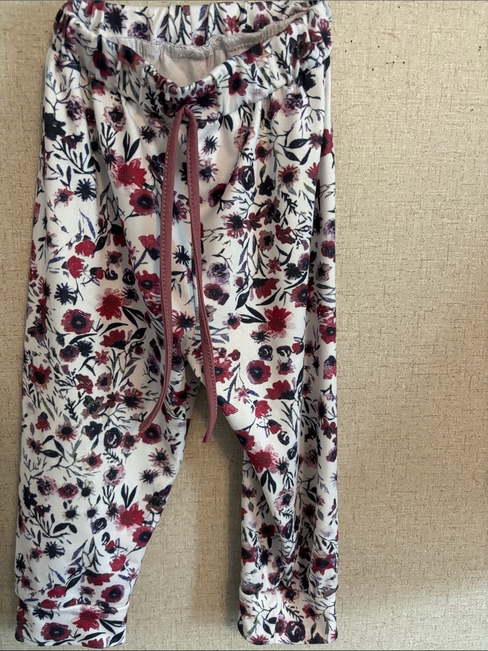 Floral Drawstring Jogger Pants - White with Red & Black Floral Print